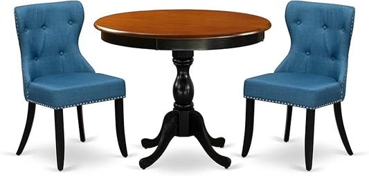 East West Furniture AMSI3-BCH-21 3 Piece Dinette Set for Small Spaces Contains a Round Kitchen Table with Pedestal and 2 Blue Linen Fabric Parson Dining Chairs, 36x36 Inch, Black & Cherry