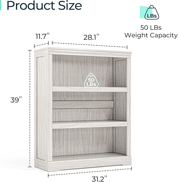 LINSY HOME 3-Tier Bookcase and Bookshelf, Small Wood Display Storage Shelves Farmhouse Bookshelf for Home Office, Living Room, Bed Room - White Oak