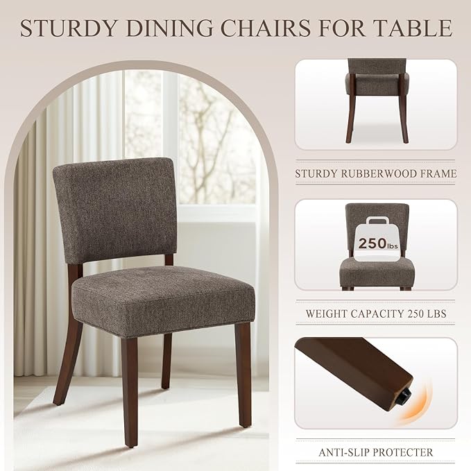 COLAMY Mid Century Modern Dining Chairs Set of 4, Upholstered Kitchen Chairs with Back, Farmhouse Fabric Side Dining Room Chairs with Wood Legs for Dining Room Kitchen Restaurant, Brown