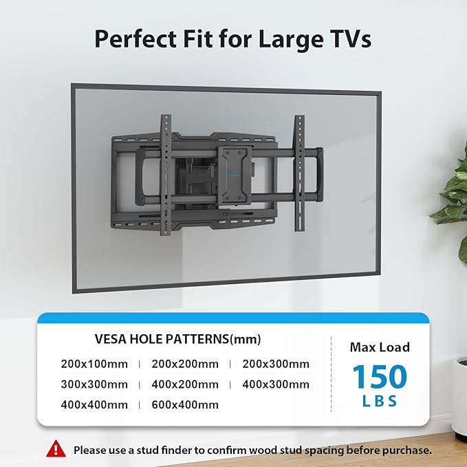 32-90" Full Motion Sliding TV Wall Mount, Fits 16" 18" 24" Wood Studs, Wall Mount TV Bracket with Smooth Swivel, Tilt, Extension, Holds up to 150lbs, Max VESA 600x400mm, Fit Most 75 85 86 TVS