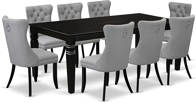 East West Furniture LGDA9-BLK-27 9 Piece Kitchen Set Consists of a Rectangle Dining Table with Butterfly Leaf and 8 Polyester Fabric Upholstered Chairs, 42x84 Inch, Black