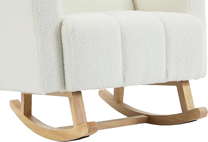 Christopher Knight Home Mapo Wooden Rocking Chair Indoor, Teddy Upholstered Spacious Rocker Chair with Pillow, Comfy Rocking Chair with Armrest for Bedroom, Living Room, Offices, Cream White