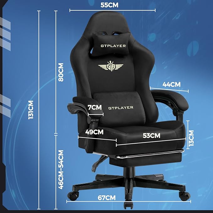 GTPLAYER Gaming Chair Fabric with Pocket Spring Cushion, Big and Tall Gamings Chairs 350LBS High Back Computer Chair with Footrest for Adults Lumbar Support Swivel Game Chair for Office Light Black