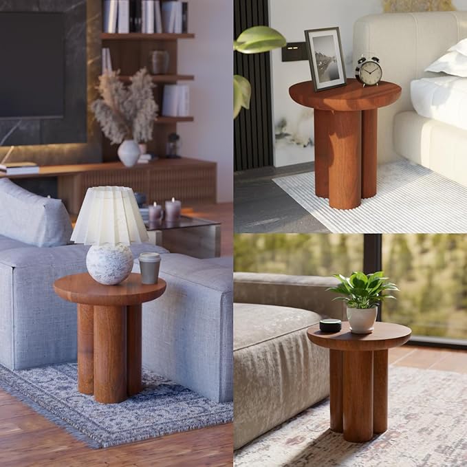 Relso Gaia Round End Table for Living Room and Farmhouse | Solid Mango Wood for Rustic Elegance | Ideal for Side Tables, Nightstands & More | Wood Side Table Round for Bedroom (Walnut)