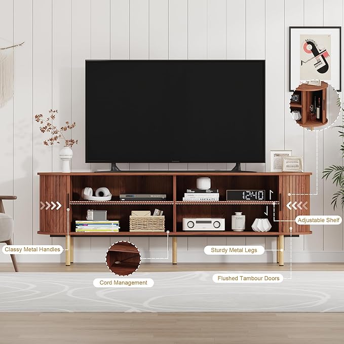 GarveeHome 70.1" TV Stand, Modern TV Console Table with Storage Compartment and Sliding Door, Gaming Entertainment Center with Cabinet for Living Room, Bedroom, Office, Walnut
