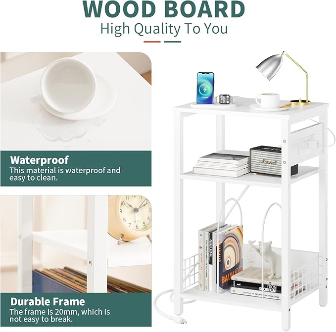 Yoobure Record Player Stand, 3-Tier White Side Table with Charging Station, Small End Table Record Holder with Vinyl Storage, Beside Tables Turntable Stand for Album CD, Night Stand for Living Room
