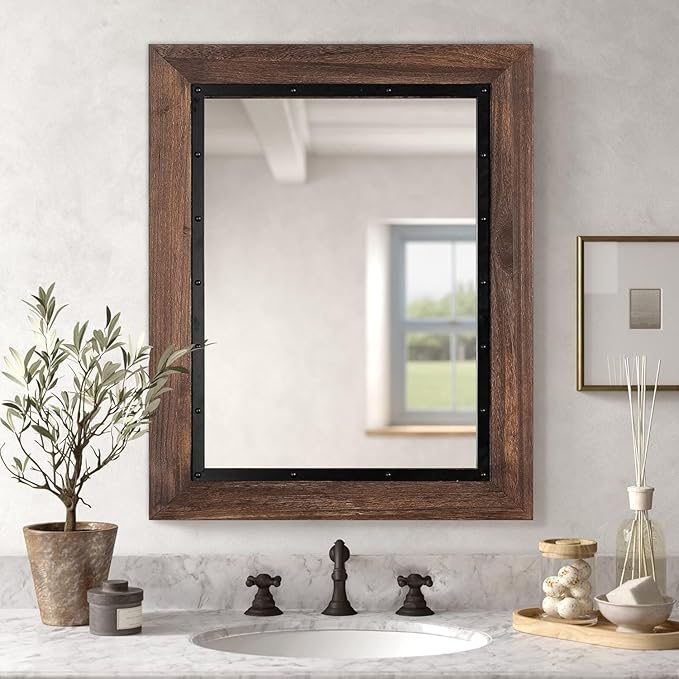 YOSHOOT Rustic Wooden Framed Wall Mirror, Natural Wood and Iron Bathroom Vanity Mirror for Farmhouse Decor, Vertical or Horizontal Hanging, 53" x 28", Brown