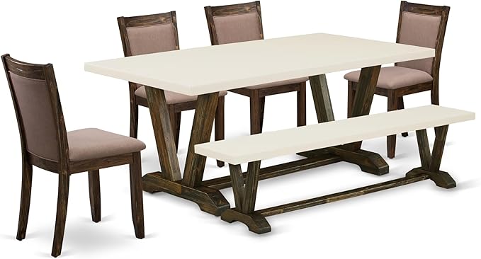 East West Furniture V727MZ748-6 6 Piece Dinette Set Contains a Rectangle Dining Room Table with V-Legs and 4 Coffee Linen Fabric Parson Chairs with a Bench, 40x72 Inch, Multi-Color