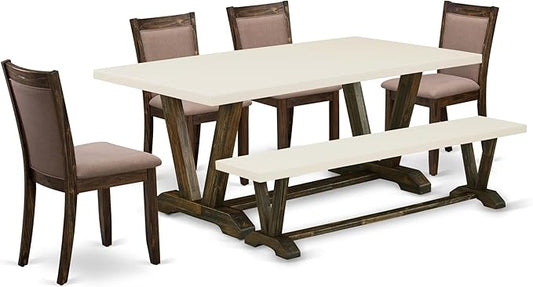 East West Furniture V727MZ748-6 6 Piece Dinette Set Contains a Rectangle Dining Room Table with V-Legs and 4 Coffee Linen Fabric Parson Chairs with a Bench, 40x72 Inch, Multi-Color