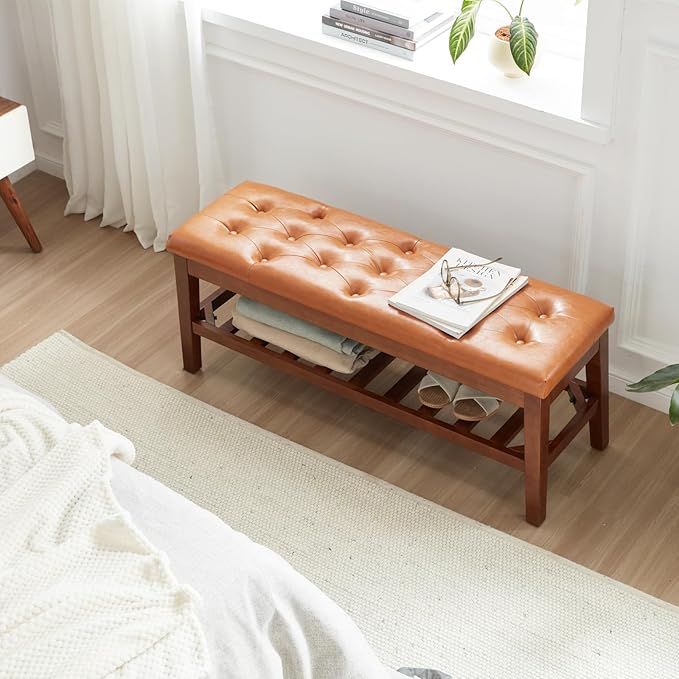 Upholstered Shoe Bench Entryway Bench for Bedroom, End of Bed, Ottoman Bench Tufted Padded Seat with Solid Wood Shelf for Living Room, Faux Leather Cognac Brown