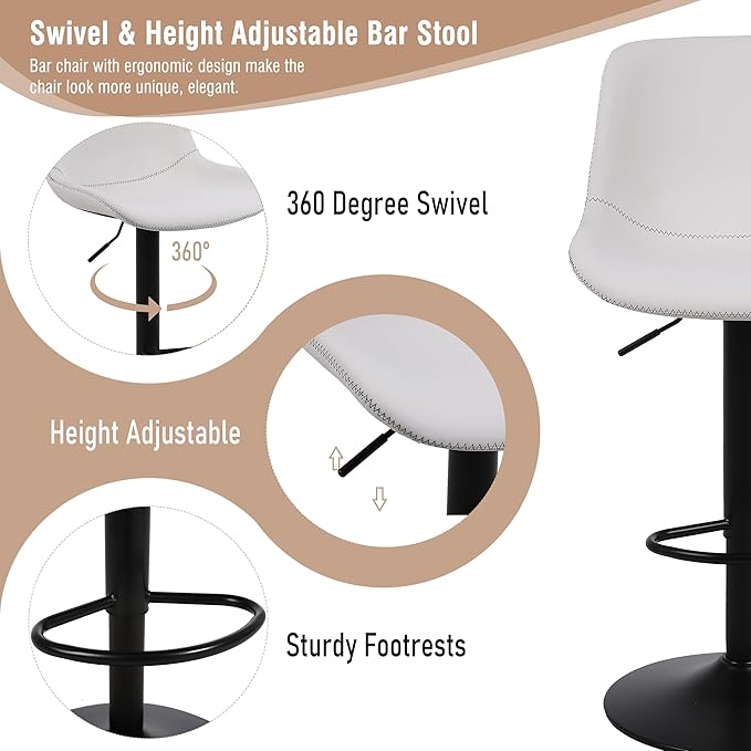 Bar Stools, Swivel Counter Height Barstools with Back, Adjustable Modern Bar Chairs, Tall Armless PU Leather Kitchen Island Stool (White, Set of 2)
