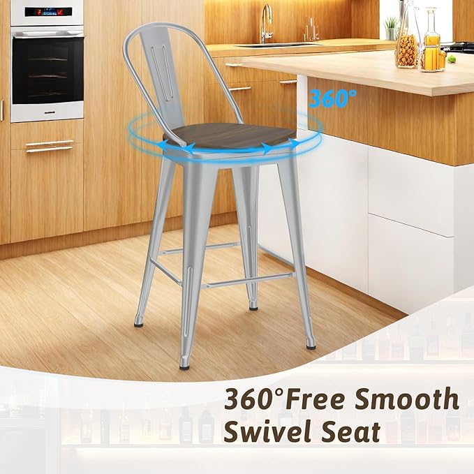 24” Swivel Bar Stools Set of 4, Counter Height Bar Stools Wooden Seat, Metal Industrial Bar Chairs with High Back for Kitchen Island (Silver)