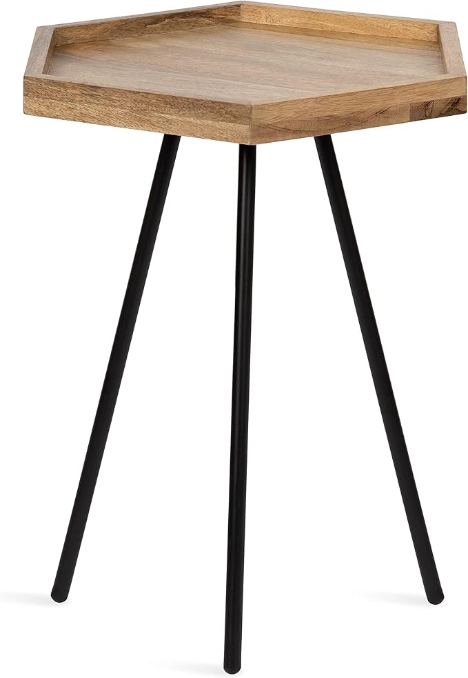 Kate and Laurel Kashvi Modern Hexagon Side Table; 17 x 15 x 20 Natural Wood and Black Decorative Geometric Farmhouse Bedroom Nightstand Table with Tripod Legs and Two Tone Finish