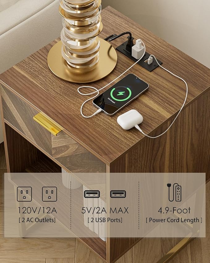 Nightstand with Charging Station,Modern Night Stand Boho Farmhouse Wood Bedside Table with Storage Drawer and Open Shelf,Side End Table for Bedroom,Living Room,Walnut