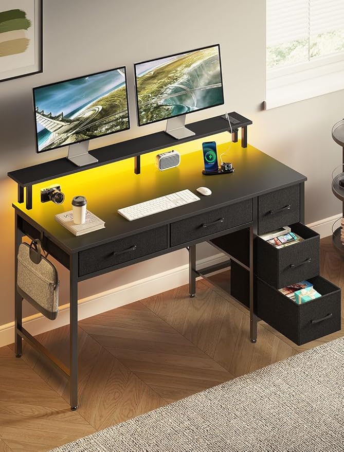 Seventable Computer Desk with Power Outlets & LED Light, 55 inch Home Office Desk with 5 Drawers, Writing Desk with Monitor Stand, Work Desk for Home Office, Black
