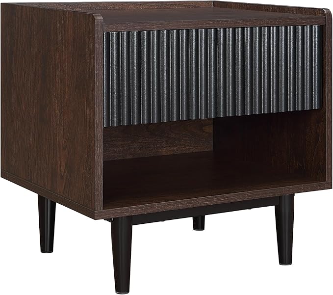 Manhattan Comfort Duane Modern Ribbed Nightstand Set of 2, Bedside Table with Full Extension Drawer and Open Shelf, Industrial Chic Living Room and Bedroom Furniture, Black