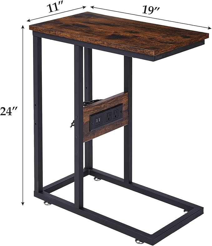 VECELO C Shaped End Side Table with Charging Station & Power Outlets for Couch Sofa/Bed Snack TV Tray with Metal Frame for Living Room Bedroom 1 Set, Brown