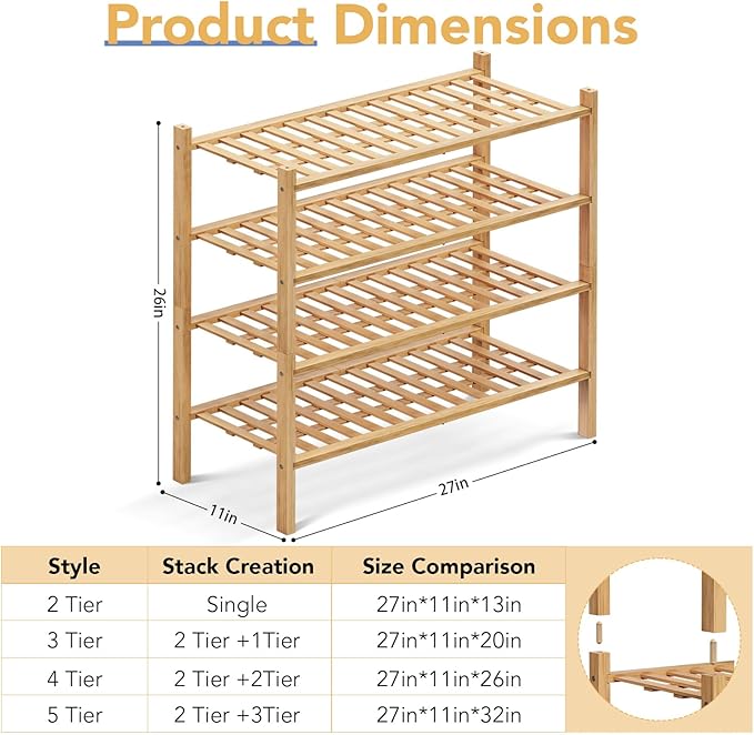 Haddockway 4 Tier Bamboo Shoe Rack Storage Organizer, Multifunctional Free Standing Stackable Shoe Shelf with Grid Panel for Closet,Hallway,Entryway,Small Space 27"x11"x26" (Natural, 4 Tier)