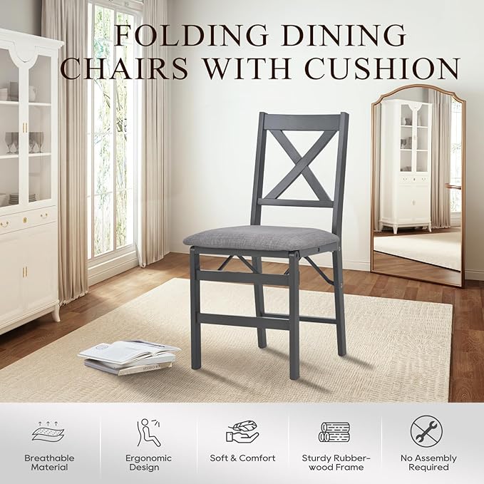 COLAMY Folding Dining Chairs Set of 6, Foldable Chairs with Padded Seats, Wood Folding Dining Room Chairs for Kitchen, Party, Camping, Dark Grey