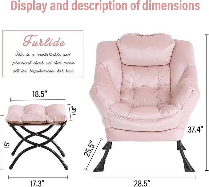 Lazy Chair with Ottoman, Modern Chair with Folding Footrest, Lounge Accent Chair, Comfortable Reading Chair, Oversized Armchairs for Bedroom, Study, Living Room, Courtyard (Pink)