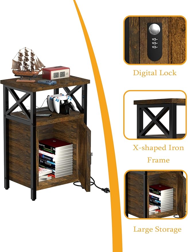 Wooden Nightstand with Lock, Bed Side Table with Drawers, Bedside Table with Charging Station, 3 USB & 2 Outlets, Night Stand with Storage, End Tables for Living Room, Bedroom, Dorm, Brown