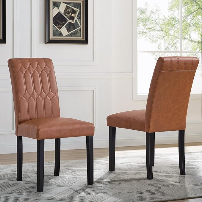 VECELO Upholstered Dining Chairs Set of 6, Modern PU Leather Accent Parsons, Solid Wood Legs w/Rubber Footpads, for Living Room Kitchen, Brown
