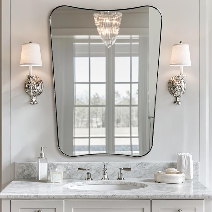ANDY STAR Brushed Nickel Bathroom Mirror, 22x30 Silver Metal Framed Mirrors for Bathroom, Irregular Wall Mirror in Anti-Rust Stainless Steel Frame, Unique Shape Frame Ideal for Home Remodel