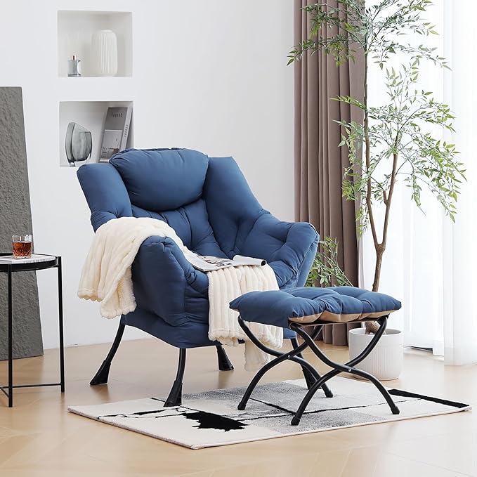 Lazy Chair with Ottoman, Modern Chair with Folding Footrest, Lounge Accent Chair, Comfortable Reading Chair (Royal Blue)