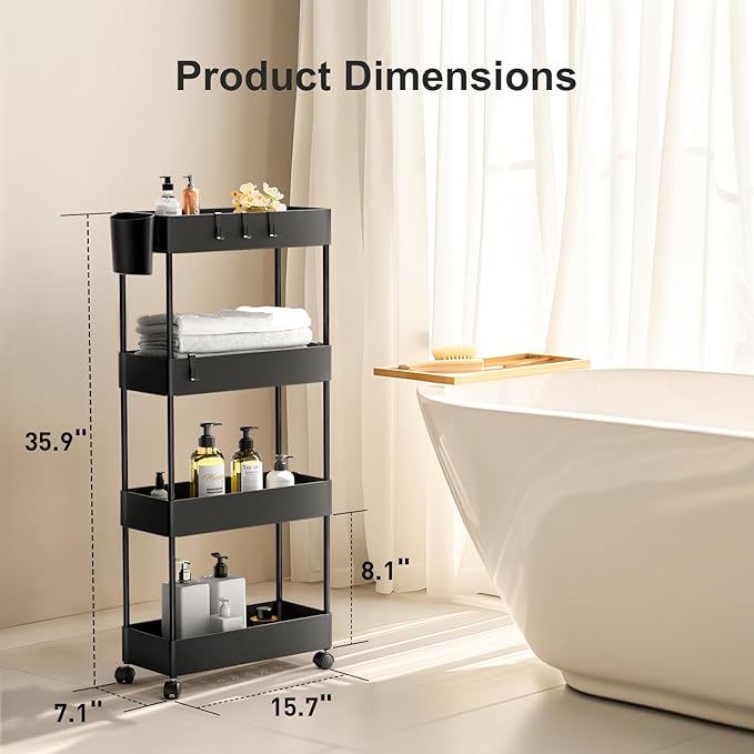 Pipishell Slim Storage Cart with Wheels - Bathroom Cart Organizer Storage, 4Tier Rolling Carts for Bathroom, Laundry Room, Kitchen, Narrow Space, Black PIUC05