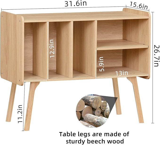 Lerliuo Record Player Stand with 4 Cabinet Holds Up to 220 Albums, Large Stand with Beech Wood Legs, Mid-Century Record Player Table,Burlywood Vinyl Holder Storage Shelf for Living Room