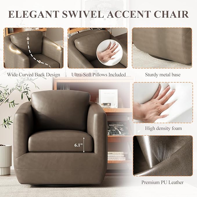 COLAMY 360°Swivel Accent Chair- Comfy Living Room Armchair No-Sag Foam & Sturdy Metal Base with Pillow, Fully Assembled Swivel Accent Single Sofa for Bedroom Living Room, Office, Wolf Grey
