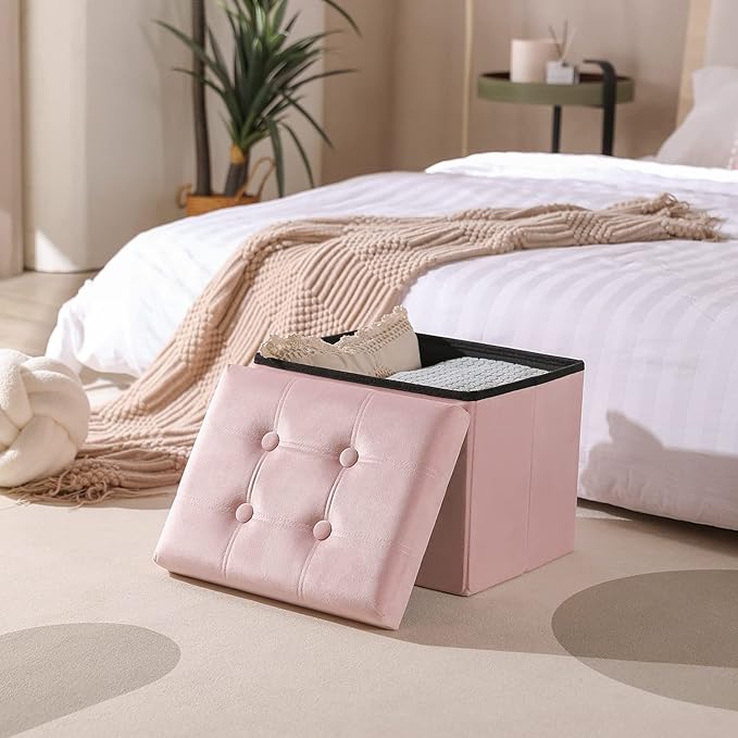 PRANDOM Ottoman with Storage [1-Pack] Velvet Folding Small Square Foot Stool with Lid for Living Room Bedroom Coffee Table Dorm Pink 17x13x13 inches