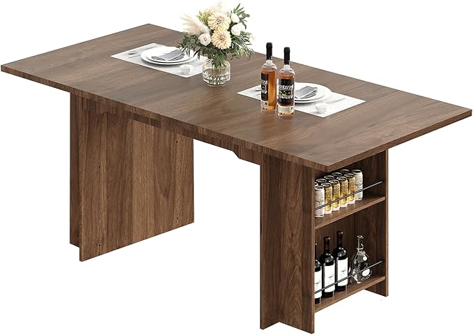 Garvee 63 Inch Dining Table for 2-4, Farmhouse Rectangular Kitchen Table with Waterproof Wood Tabletop, Heavy Duty Legs & 2-Tier Storage Shelves for Kitchen, Dining Room, Walnut