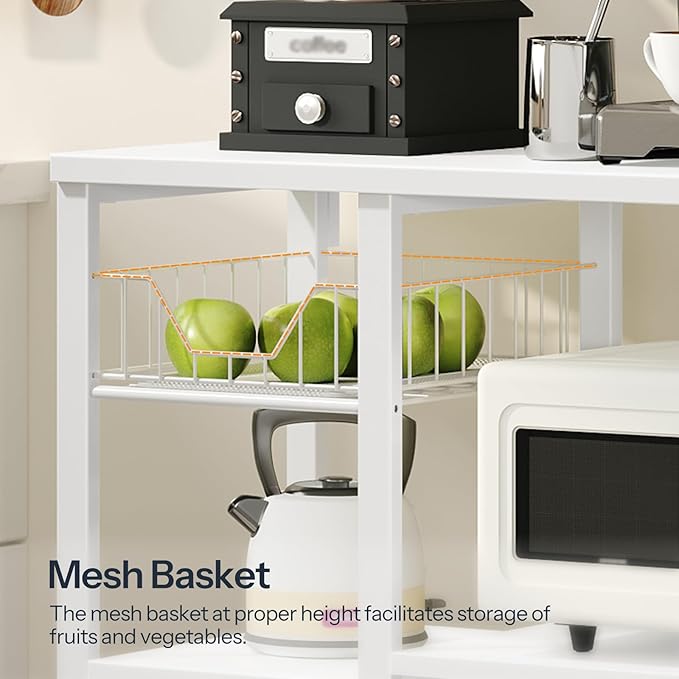 HOOBRO Bakers Rack with Power Outlet, 35.4 Inches Coffee Bar with Mesh Basket, Microwave Stand with 4 S-Shaped Hooks, Kitchen Bakers Rack with Storage, Easy to Assemble, White WT05HB01