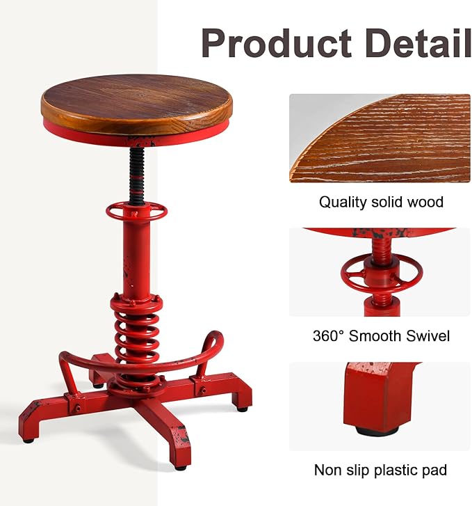 LOKKHAN American Antique Steampunk Bar Stool 24.41"-28.35" Vintage Industrial Adjustable Swivel Backless Counter Stool for Home, Dining, Breakfast, Pub, (Heavy Duty Metal & Wood, Aged Red, Brown Top)