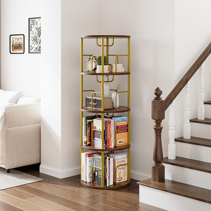 4 Tier Rotating Bookshelf, 360 Display Spinning Corner Bookshelf, Space Saving Metal Frame Bookcase for Living Room, Office, Bedroom, Gold