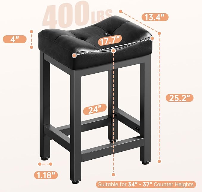 Dripex Backless Saddle Bar Stools Set of 3, Modern Faux Leather 24'' Counter Height Barstools with 4" Thick Seats & Heavy Duty Metal Legs, for Kitchen Island, Bar, Dining Room, Black