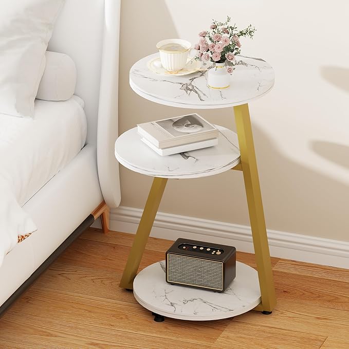 BEWISHOME Round End Table Marble Side Table with Metal Frame, Small Nightstand with 3-Tier Shelves, Night Stand for Living Room Bedroom Tall Gold White Stand KTZ41J