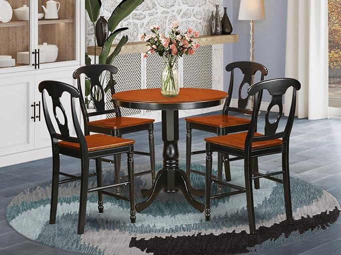 East West Furniture JAKE5-BLK-W 5 Piece Counter Height Pub Set Includes a Round Dining Table with Pedestal and 4 Dining Room Chairs, 36x36 Inch, Black & Cherry