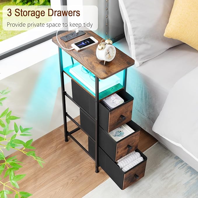 Narrow End Table Living Room with Charging Station, Skinny Side Table with Fabric Drawers, Slim LED Nightstand for Bedroom, Small Spaces, Couch, Brown, HETNDP03LBR-1