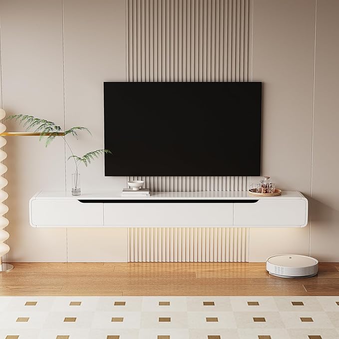 High Gloss Floating TV Stand with 3 Doors,70'' Wall Mounted TV Cabinet,Under TV Console,Floating Media Shelft for Bedroom Living Room(White)