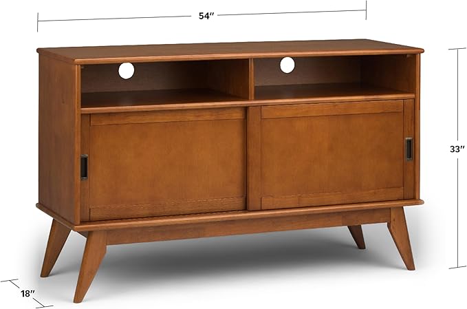 SIMPLIHOME Draper SOLID HARDWOOD 54 Inch Wide Mid Century Modern TV Media Stand in Teak Brown For TVs up to 60 Inches, For the Living Room and Entertainment Center