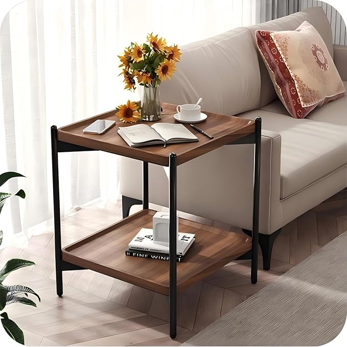 Solid Wood Nightstand with 2-Tier Storage Shelf - Versatile Bedside Table, Sofa Side Desk & Compact Coffee Table for Small Spaces, Space-Saving Design for Living Room/Bedroom (Walnut Finish)