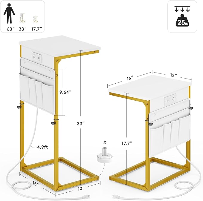 Vagusicc C Shaped End Table with Charging Station, Adjustable Height Side Table for Couch, Sofa Tables Laptop Couch Side Desk, Slide Under Sofa TV Tray Arm C Table for Living Room Bedroom, Golden