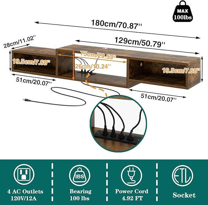 IBUYKE 71" Floating TV Stand Wall Mounted with Power Outlet,Wood Wall Mounted Media Console Shelf,Floating Entertainment Center for Under TV Storage for Living Room Bedroom Office,Rustic Brown WST008H