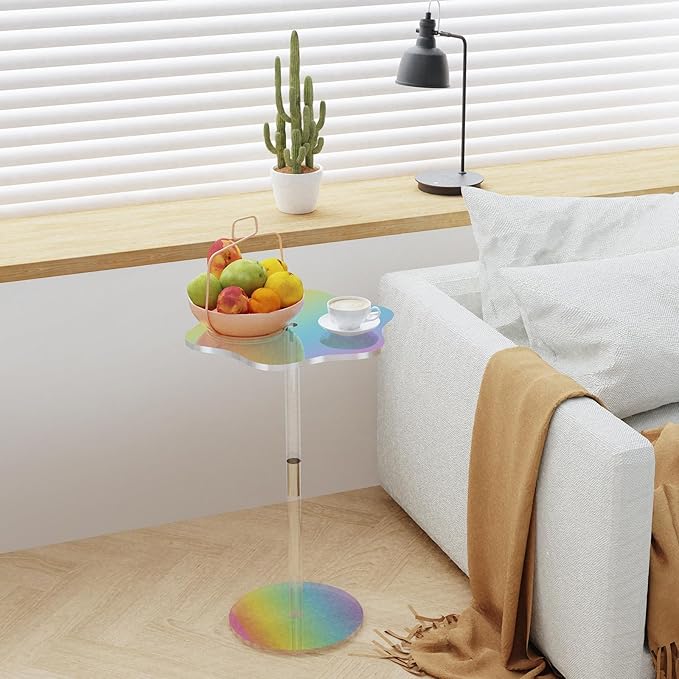 Rainbow Clear Side Table Small Acrylic End Tables 13.8 * 11.6 H: 21.3 Inch Modern Flower-Like Shape Drink Table for Small Spaces Sturdy Easy Assembly for Living Room Balcony Garden Office (2 Pack)