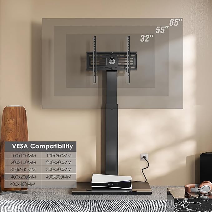 FITUEYES Floor Swivel TV Stand with Power Outlet for 32-65 Inch TVs, Floor TV Stand with Mount Height Adjustable with Iron Base, Hold Up to 88lbs, Space Saving for Bedroom, Living Room
