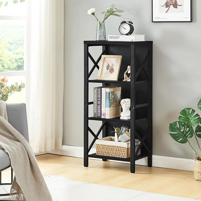 Small Bookshelf,4 Tier Industrial Bookcase with Metal Frame and Backboard,Narrow Black Book Shelf,Office Book case for Small Spaces,Living Room,Bedroom and Home Office