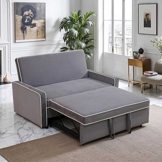 53 Inch Convertible Pull Out Sofa Bed, Sleeper Couch with Fluffy Fabric, Loveseat with Adjustable Backrest for Living Room, Bedroom, Apartment, Light Grey