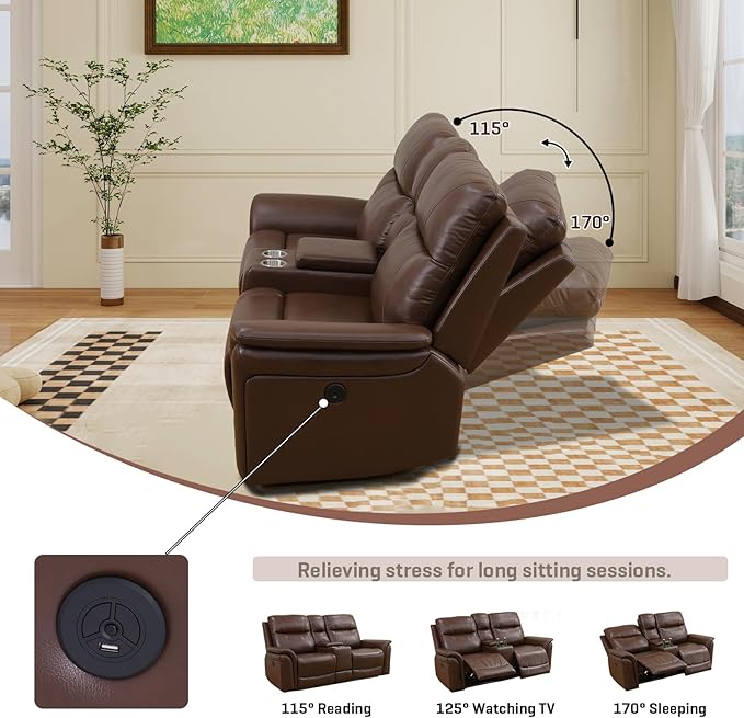 Nicbex PU Leather Power Wall Hugger Chair Double Reclining Sectional Sofa 2-Seater Loveseat Couch with Center Storage Console, USB Port, Cup Holders and Ambient LED Light for Living Room RV Theater